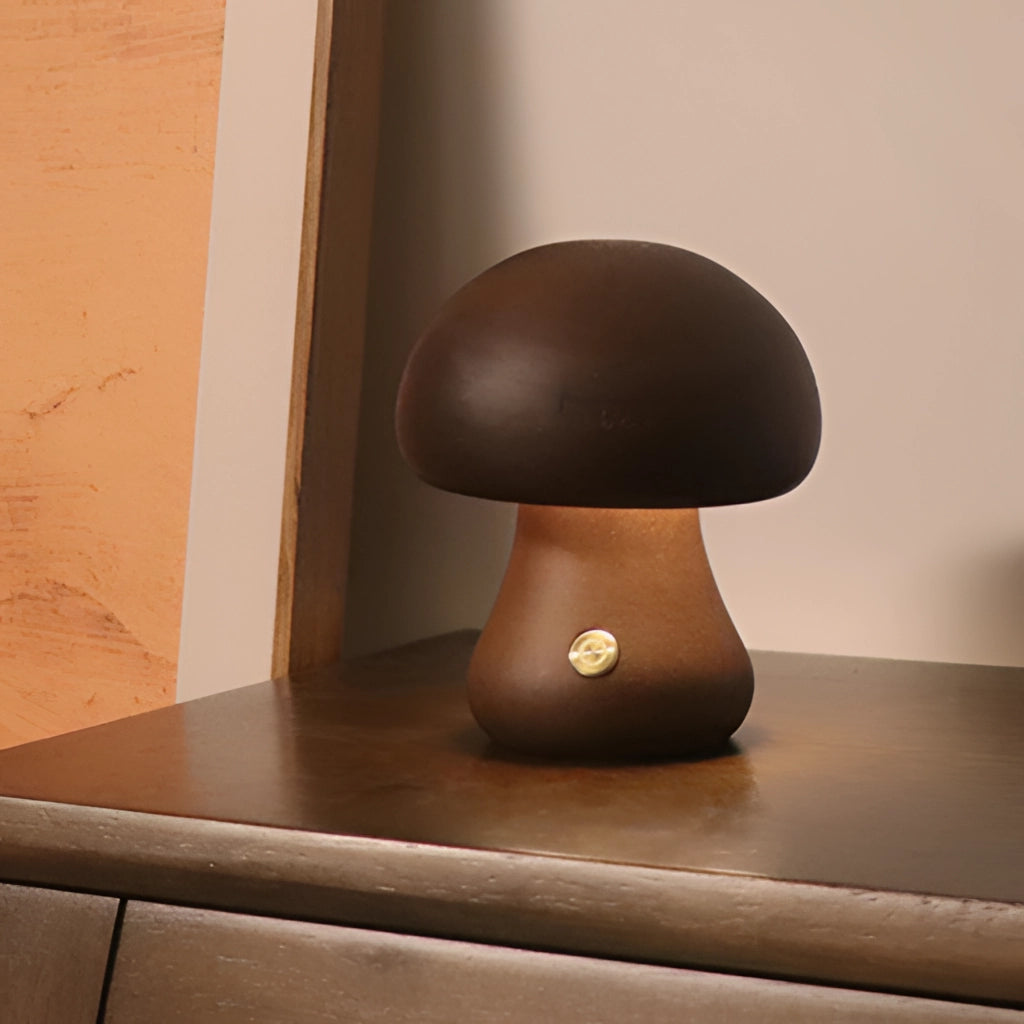 Wood Effect Mushroom Cordless Table Lamp with Dark Wood Flared Short Base on Hardwood Floor
