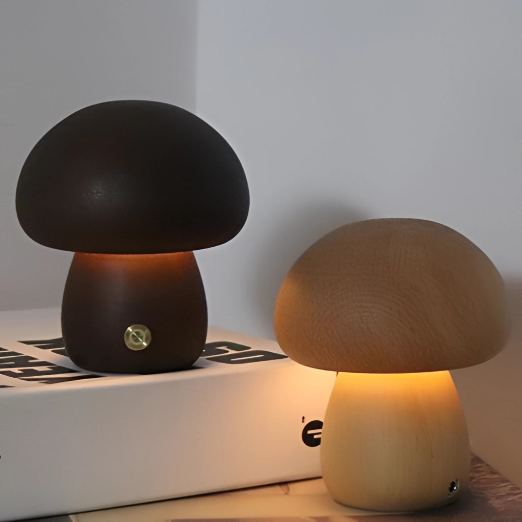 Wood effect mushroom cordless table lamp with a sleek design, featuring a wooden base and a smooth lampshade, placed on a table.