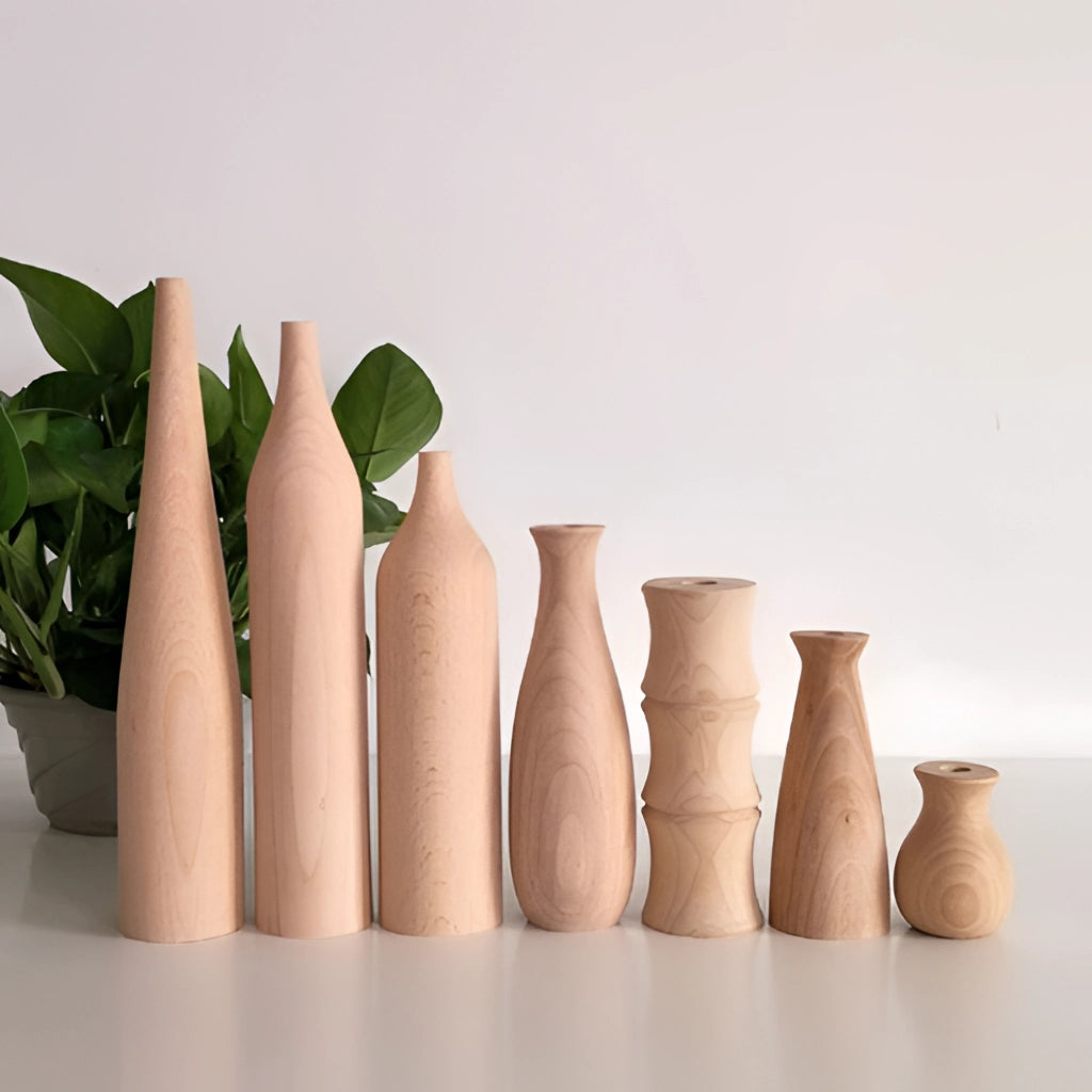 Wooden tall decor vase with a smooth finish, showcasing natural wood grain patterns, ideal for displaying plants or as a standalone decorative artifact.