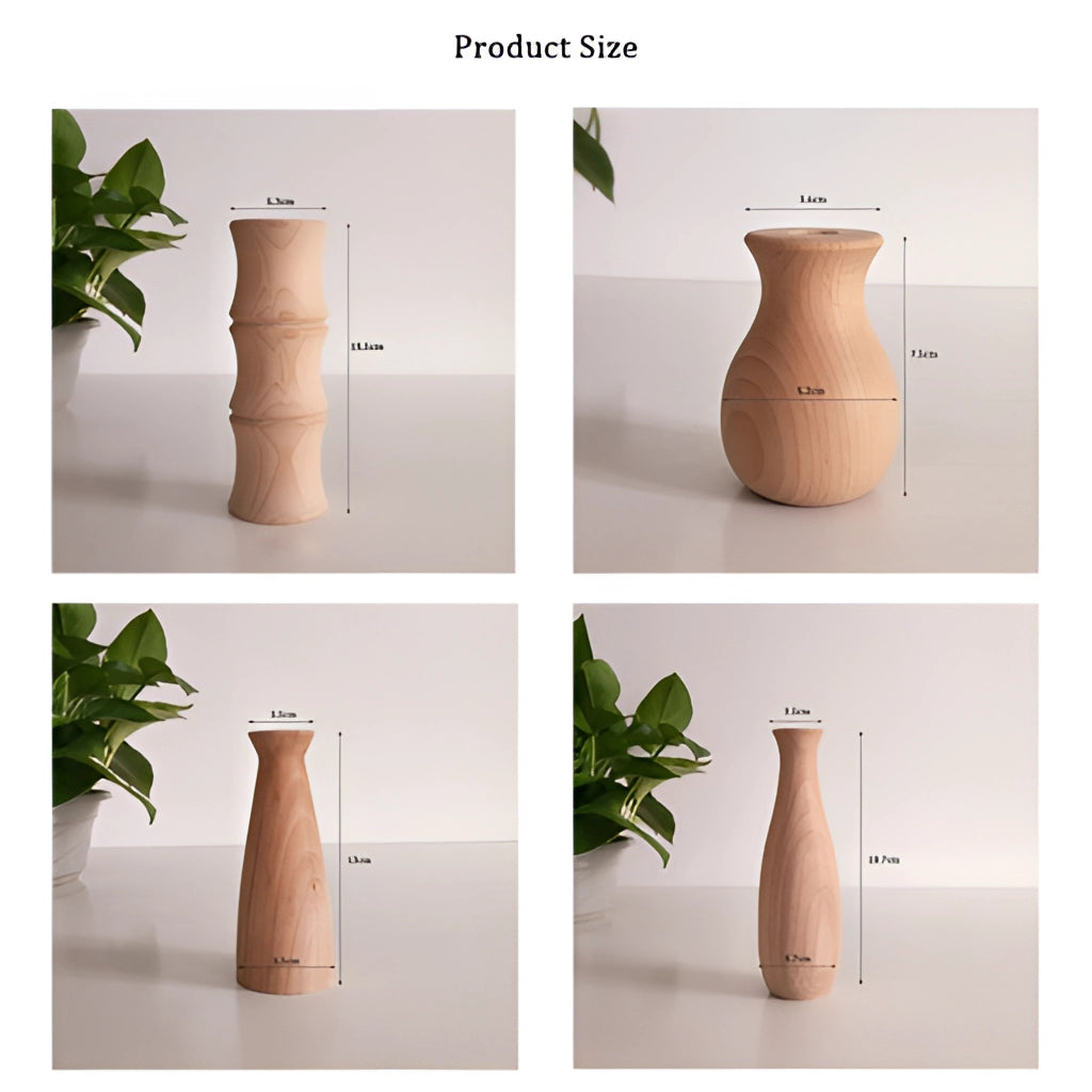 A tall wooden decor vase with a smooth finish, resembling pottery, placed on a table.