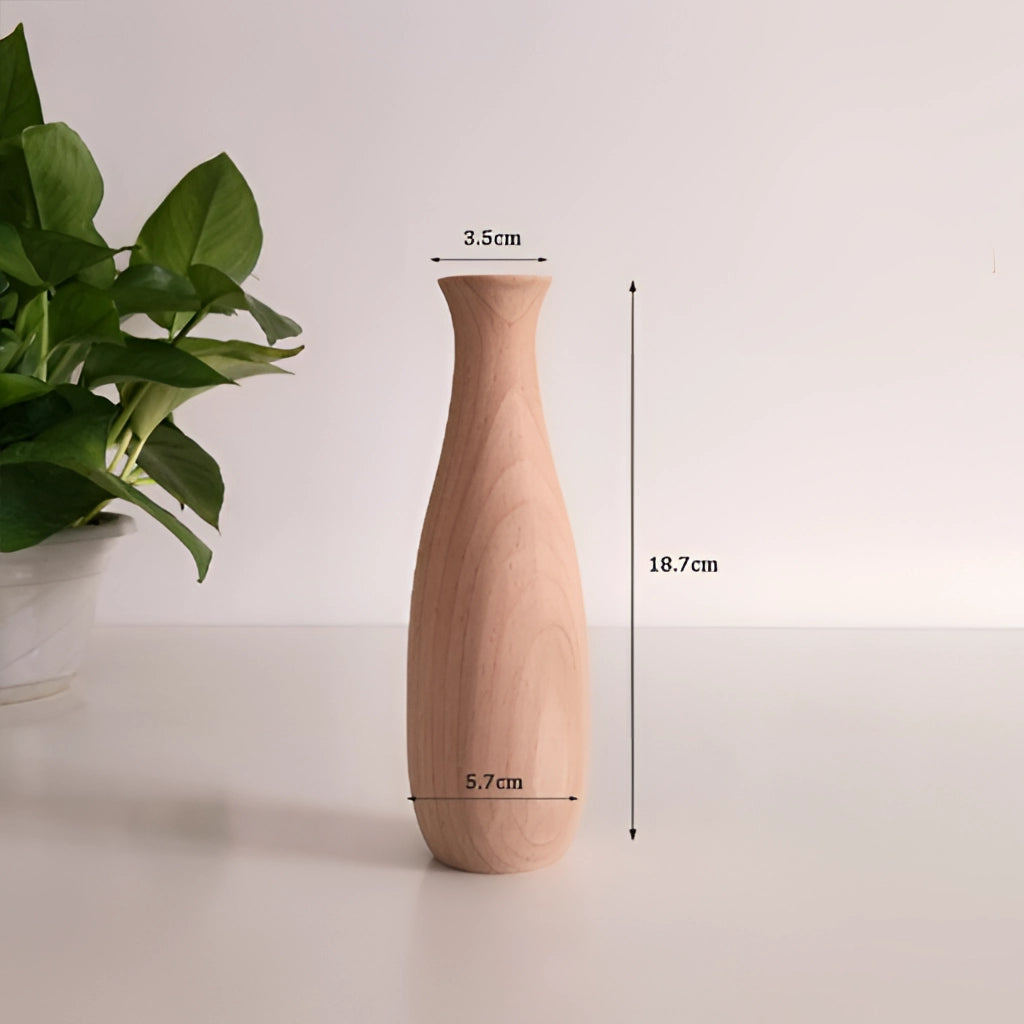 A tall wooden decor vase labeled J003, displayed on a surface, showcasing its natural wood finish and elegant design.