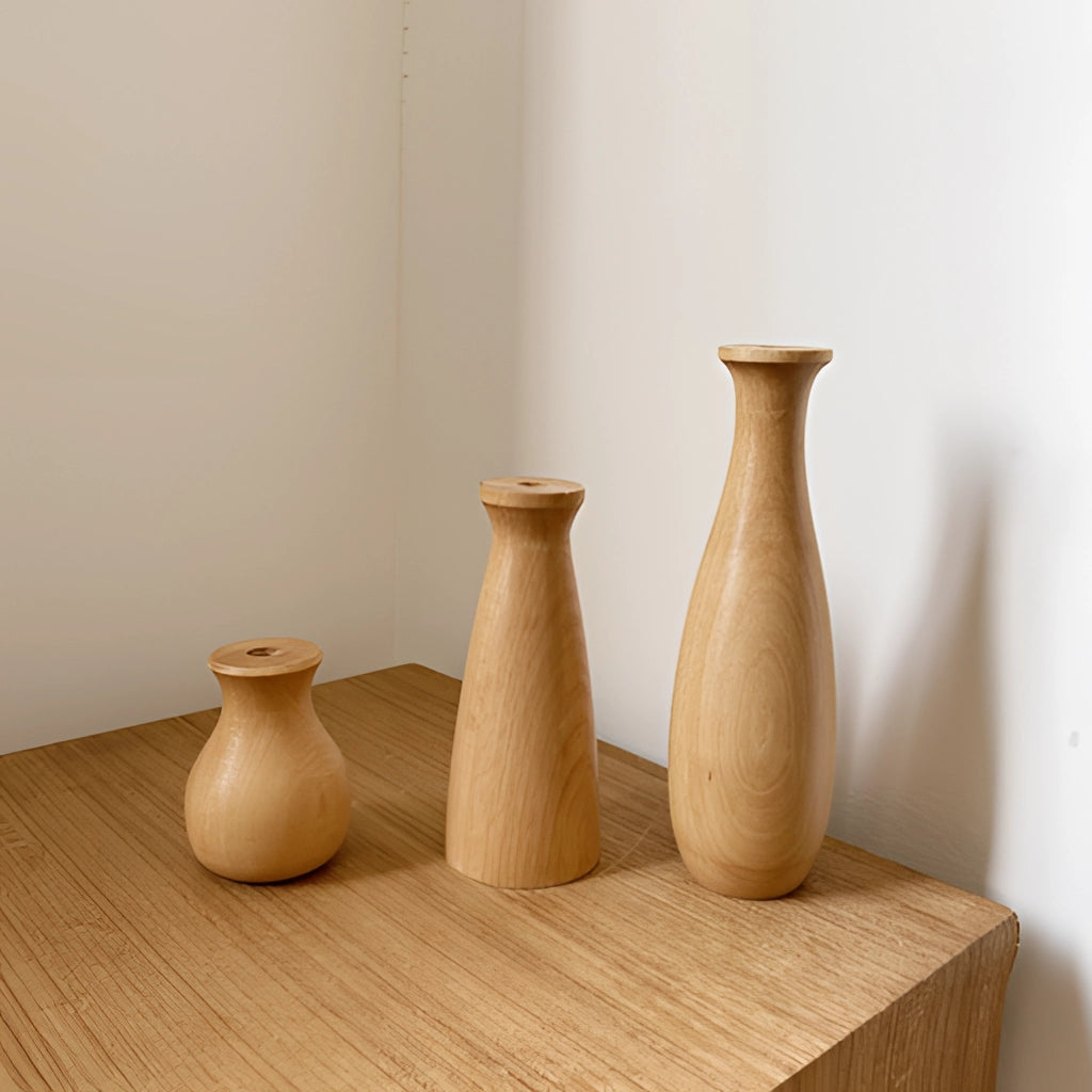 A tall wooden decor vase with a smooth varnished finish, showcasing intricate wood grain patterns, suitable as a decorative piece for tables and shelves.
