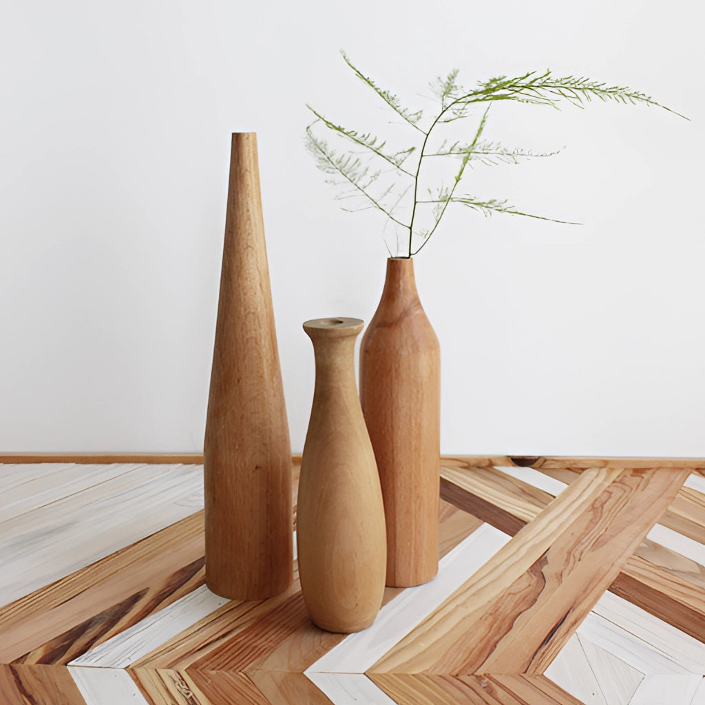 A tall wooden decor vase in brown color, suitable for holding plants or as a standalone decorative piece.