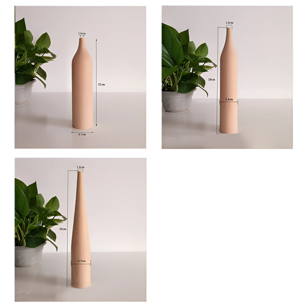 A tall wooden decor vase with a leafy plant arrangement.